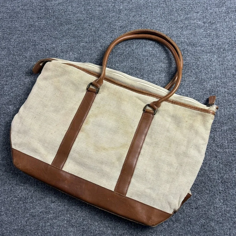 LL Bean Beige 23in Canvas Mens Tote Bag Leather Trim Travel Weekend Work